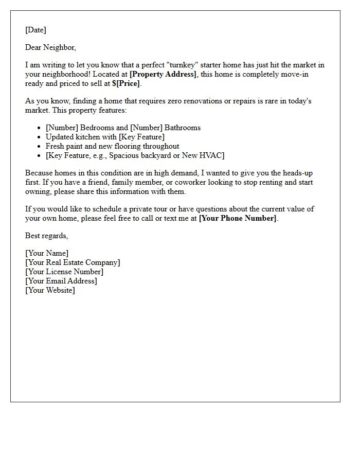 Turnkey Starter Home Just Listed Alert Letter