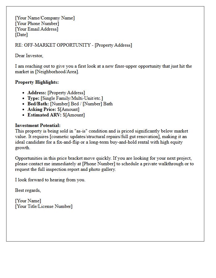 Just Listed Fixer-Upper Investor Alert Letter