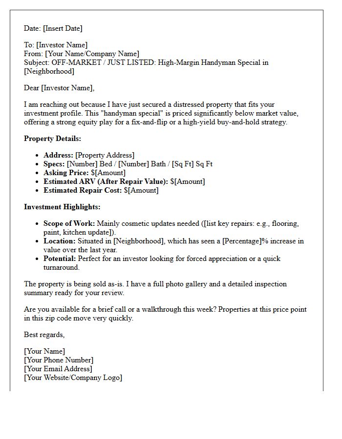 Just Listed Handyman Special Investor Pitch Letter
