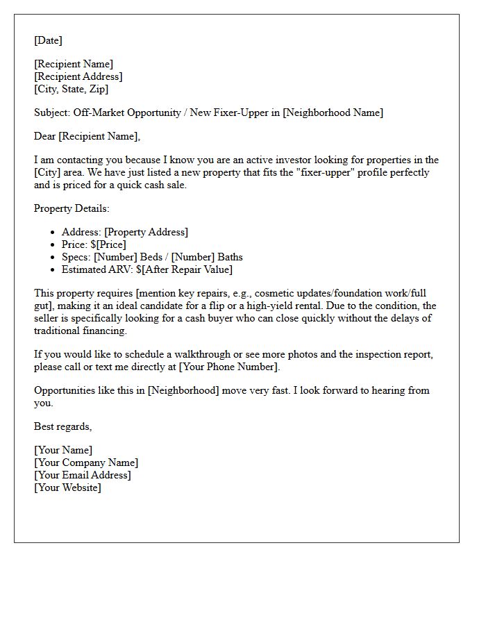 Just Listed Fixer-Upper Cash Buyer Prospecting Letter