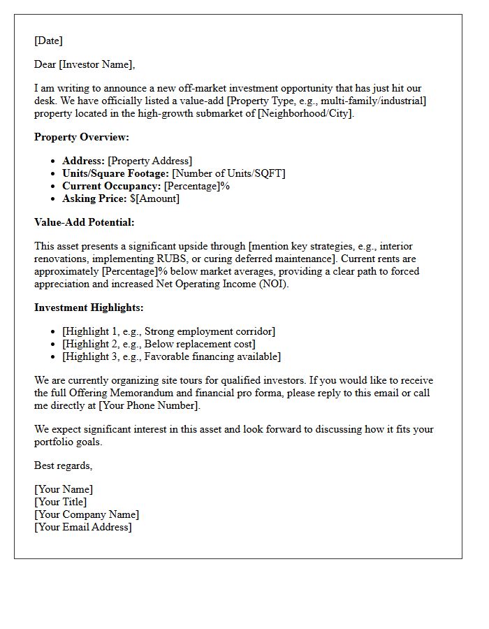 Value-Add Property Just Listed Investor Announcement Letter