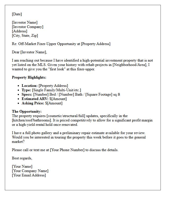 First Look Fixer-Upper Investor Opportunity Letter