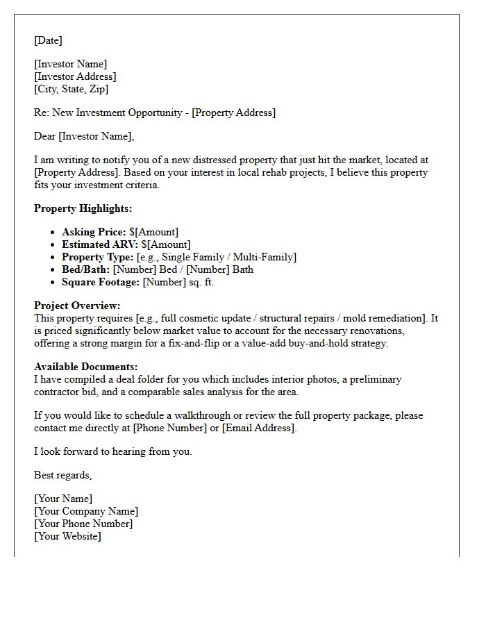 Just Listed Rehab Project Real Estate Investor Letter