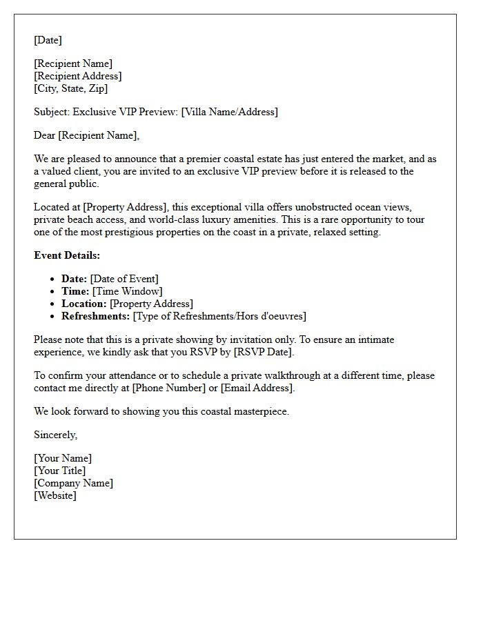 Coastal Villa Just Listed VIP Preview Invitation Letter