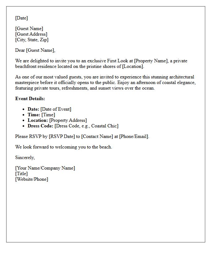 Private Beachfront Home First Look VIP Invitation Letter