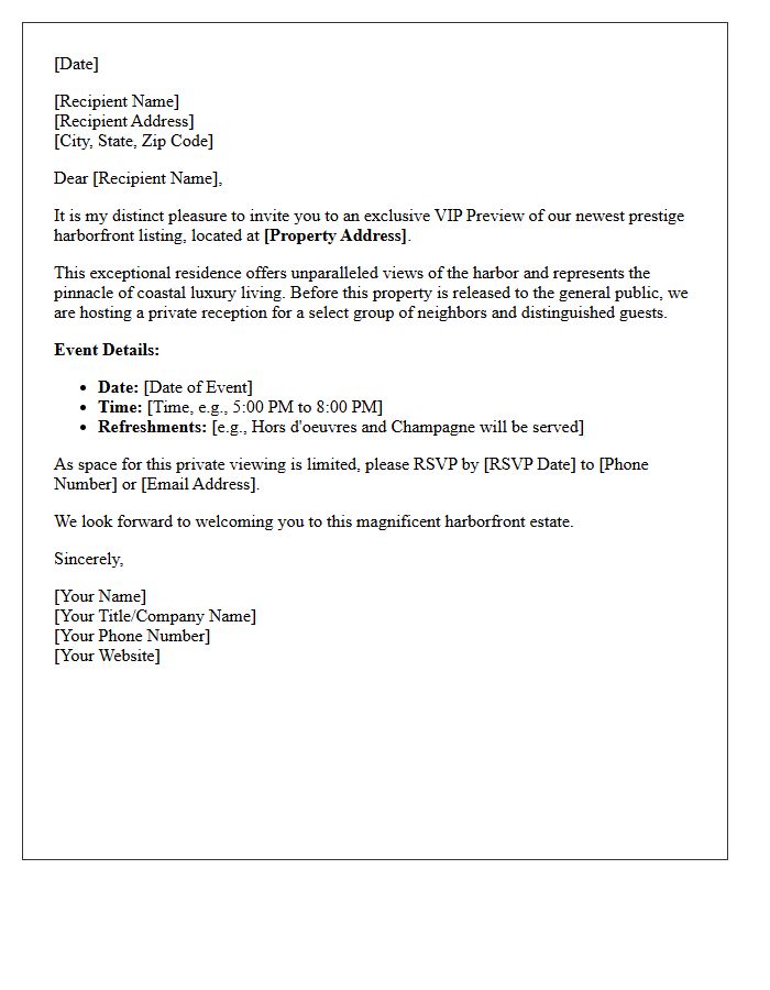 Prestige Harborfront Listing VIP Open House Letter