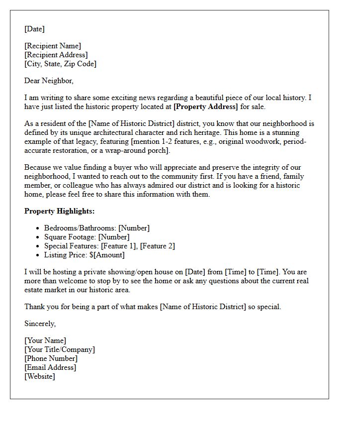 Historic District Neighborhood Just Listed Announcement Letter