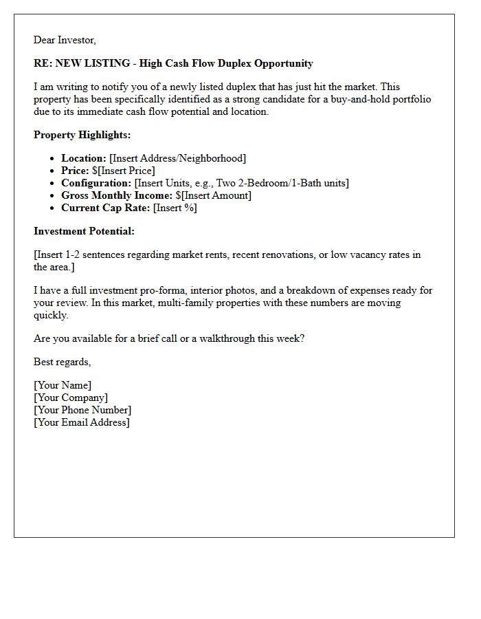 Just Listed Duplex Cash Flow Investor Letter