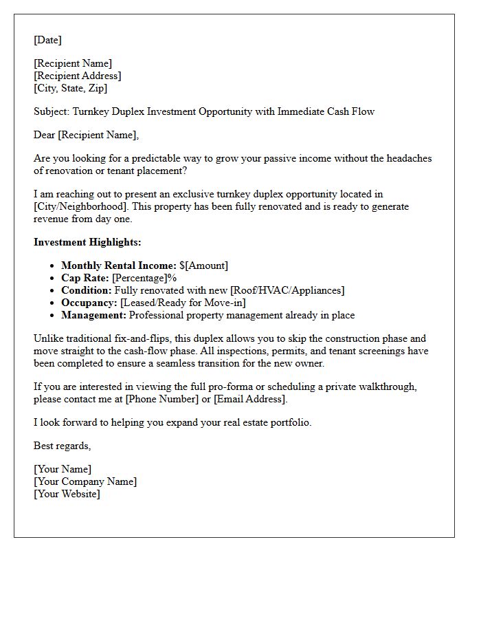 Turnkey Duplex Cash Flow Real Estate Letter