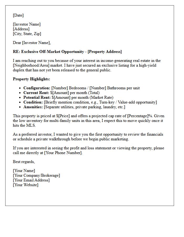 Exclusive Just Listed Duplex Investor Letter