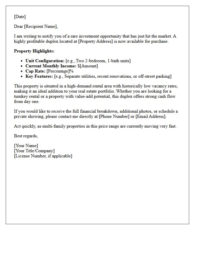 Profitable Duplex Just Listed Notification Letter