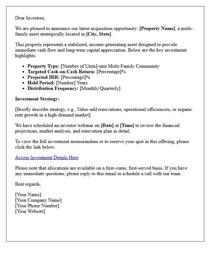 Multi-Family Cash Flow Asset Announcement Letter