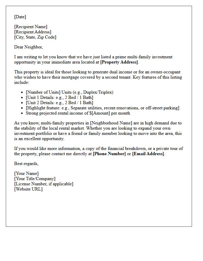 Dual Income Multi-Family Just Listed Letter