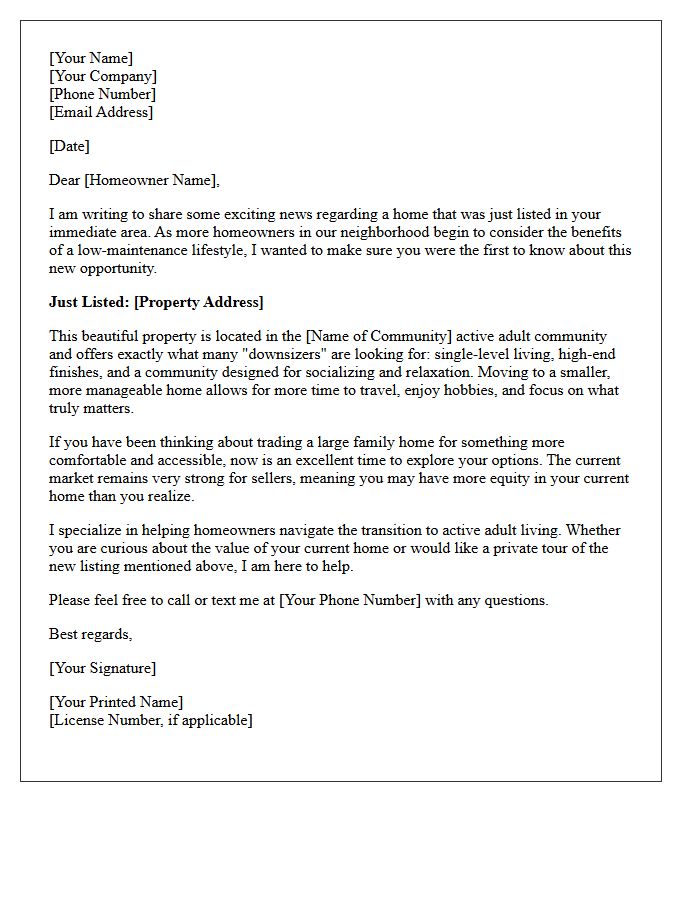 Just Listed Active Adult Community Downsizer Letter