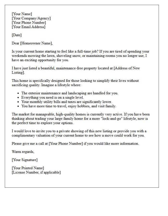 Maintenance-Free Living Just Listed Downsizer Letter