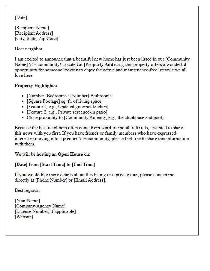 Fifty-Five Plus Community Just Listed Announcement Letter