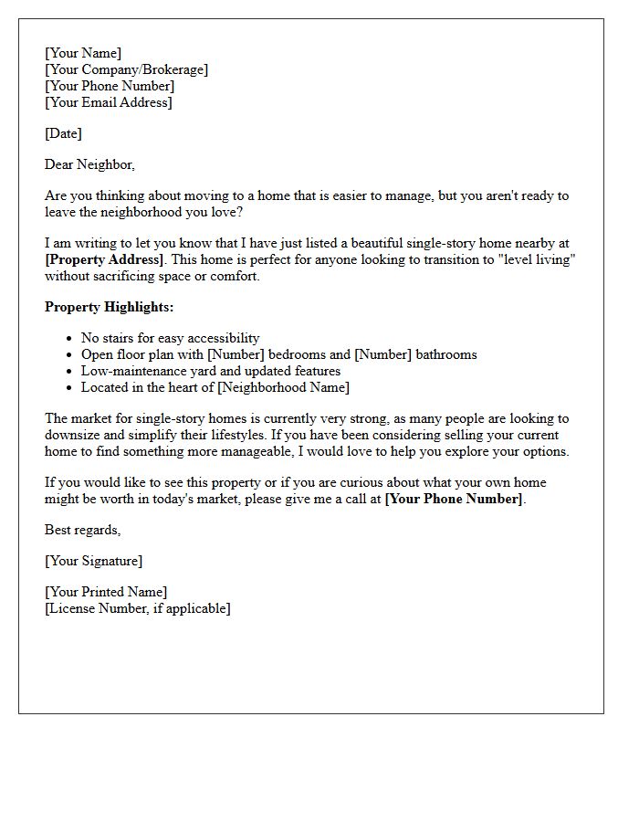 Single-Story Living Just Listed Downsizer Letter