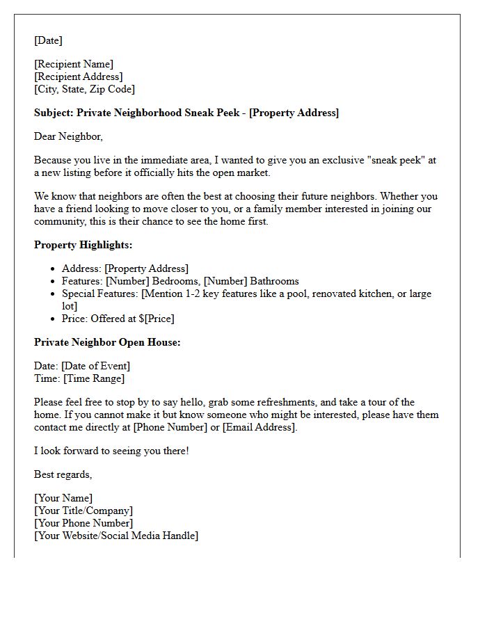 Private Neighborhood Sneak Peek Just Listed Letter