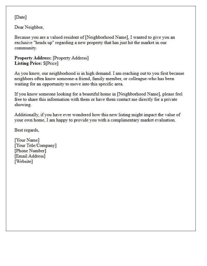 Exclusive Resident Heads Up Just Listed Letter