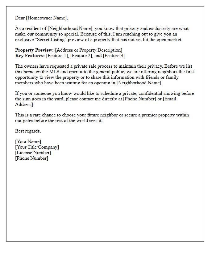 Gated Neighborhood Secret Listing Preview Letter