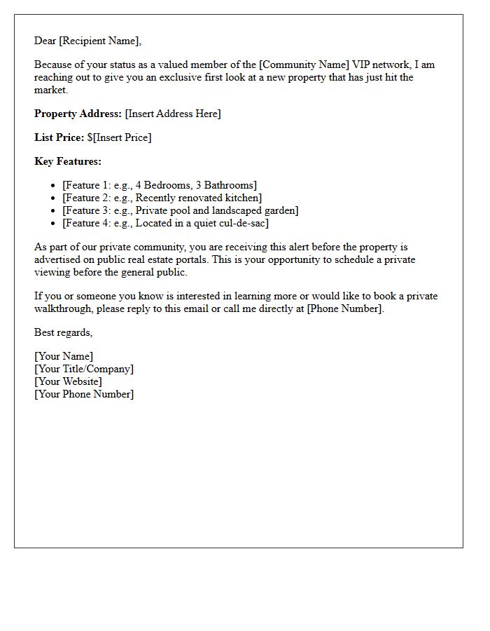 Private Community VIP Just Listed Alert Letter