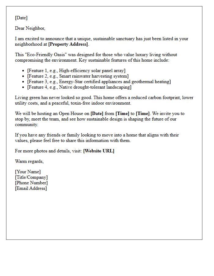 Sustainable Eco-Friendly Oasis Just Listed Announcement Letter