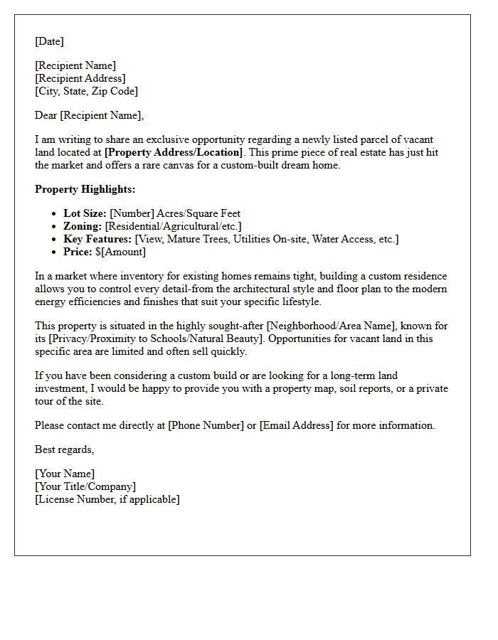 Exclusive Vacant Land Just Listed Custom Build Opportunity Letter