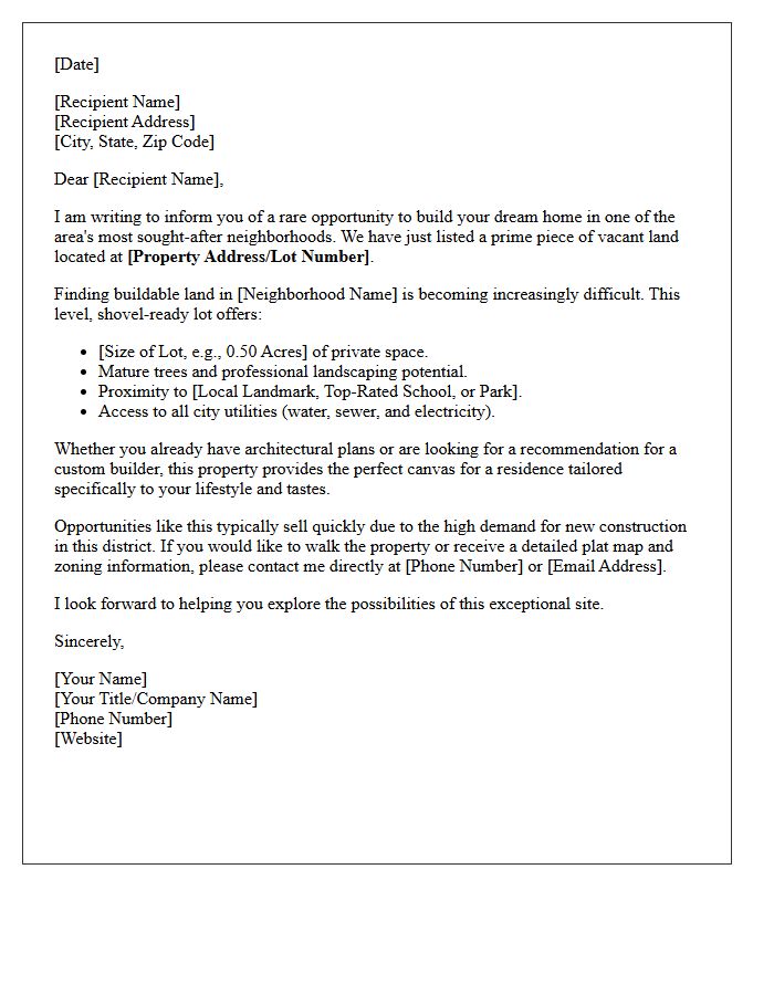 Prime Neighborhood Vacant Land Just Listed Custom Build Opportunity Letter