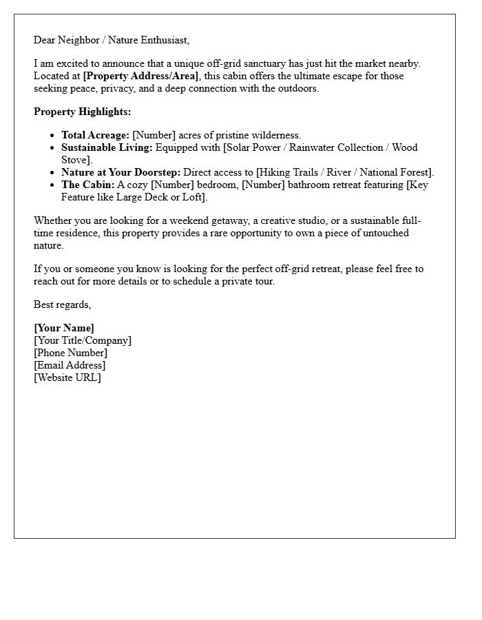 Just Listed Off-Grid Cabin Nature Retreat Letter