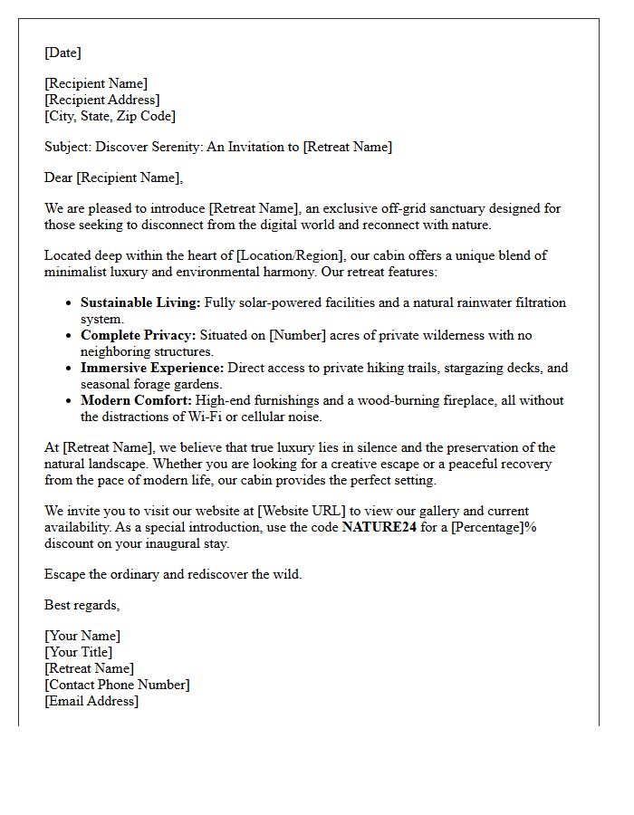 Exclusive Nature Retreat and Off-Grid Cabin Introduction Letter