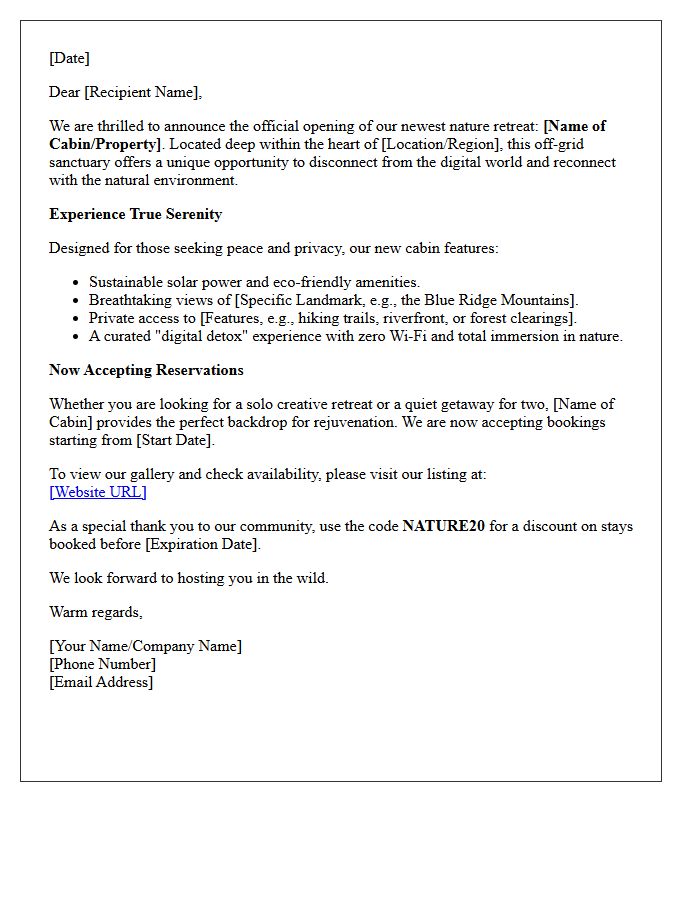 New Off-Grid Cabin Listing and Nature Retreat Announcement Letter