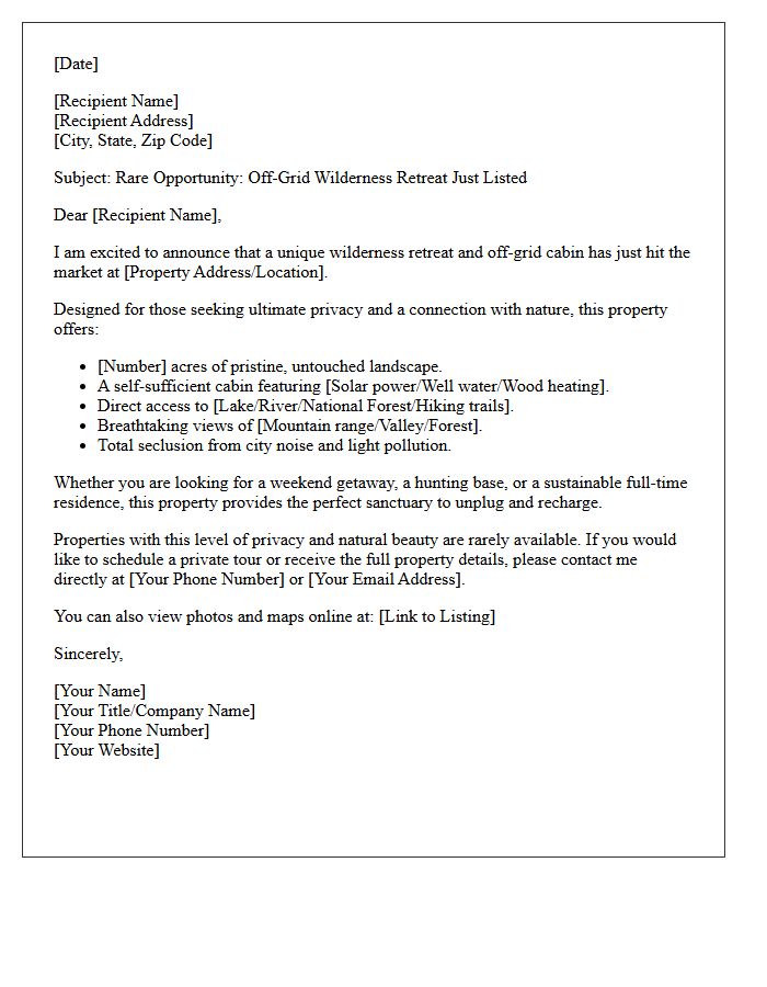 Just Listed Wilderness Retreat and Off-Grid Cabin Letter