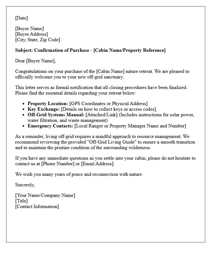 Off-Grid Cabin Nature Retreat Buyer Notification Letter