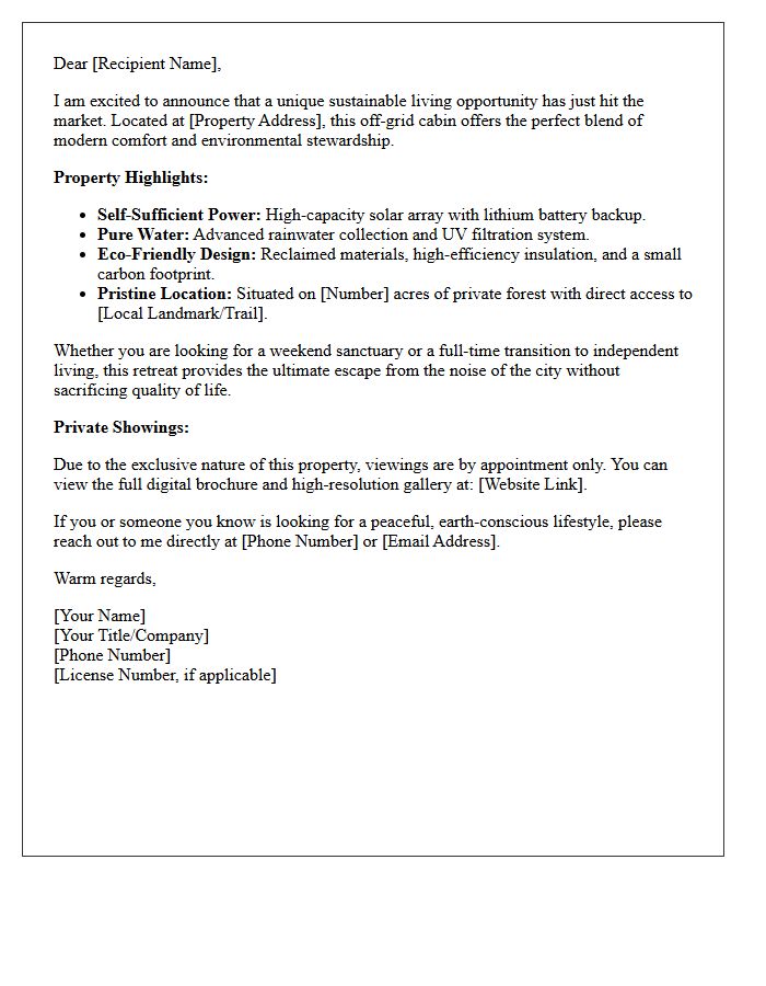 Just Listed Sustainable Off-Grid Cabin Nature Retreat Letter