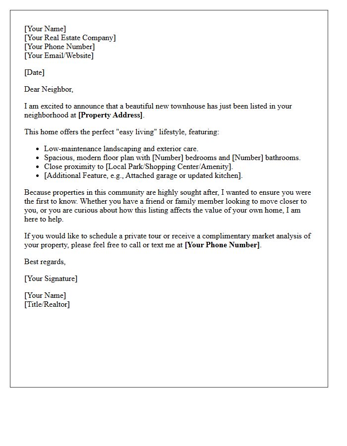 Easy Living Townhouse Just Listed Letter