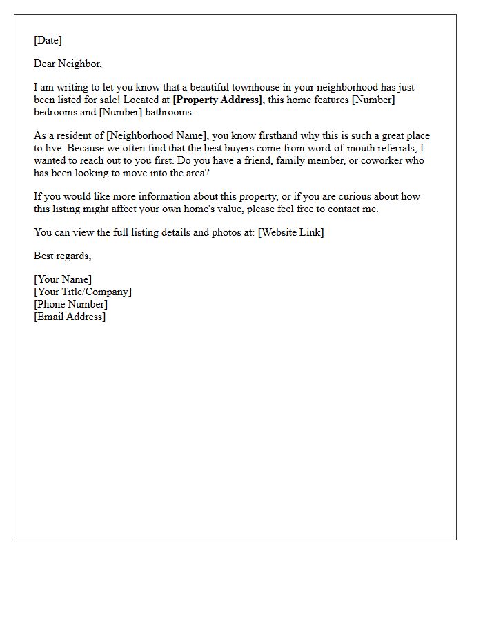 Neighborhood Townhouse Just Listed Letter