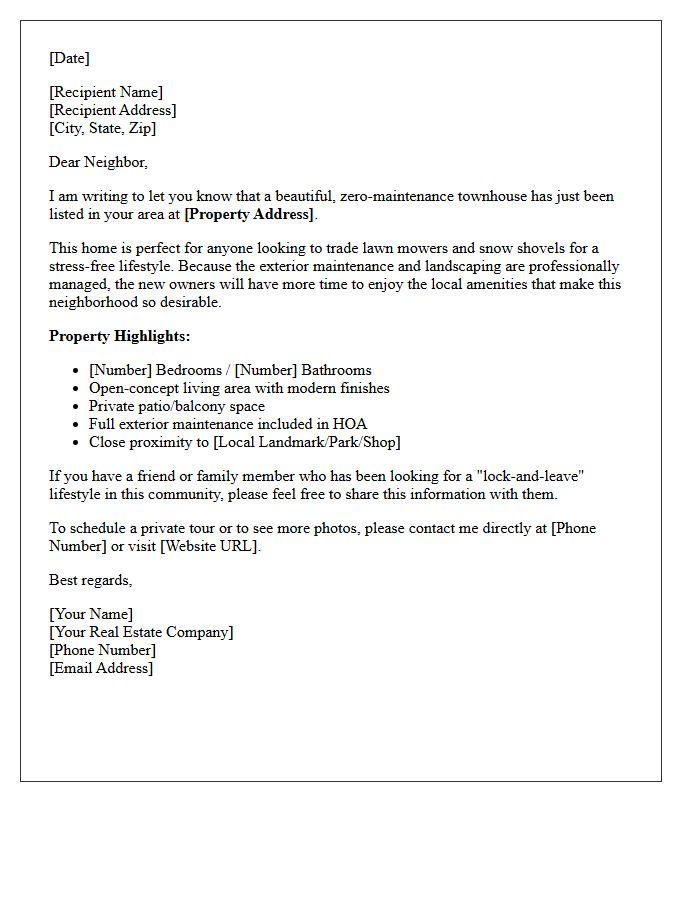 Zero Maintenance Townhouse Just Listed Letter