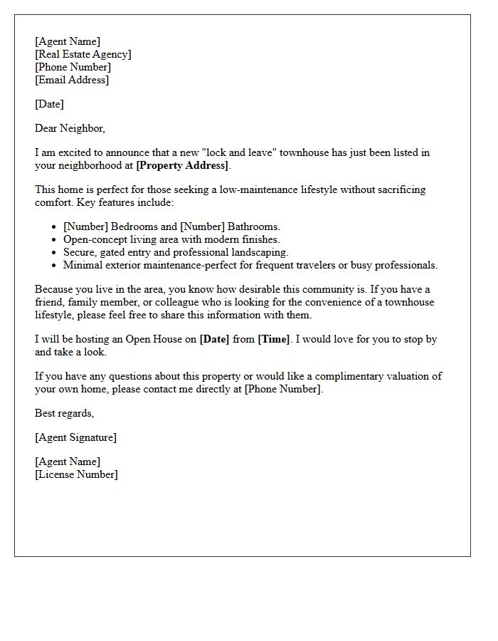 Lock and Leave Townhouse Just Listed Letter