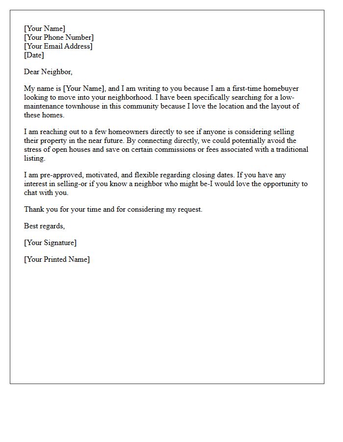 First Time Buyer Low Maintenance Townhouse Letter