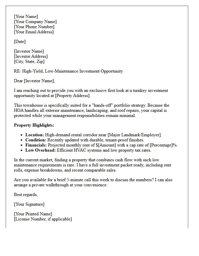 Investors Low Maintenance Townhouse Listing Letter