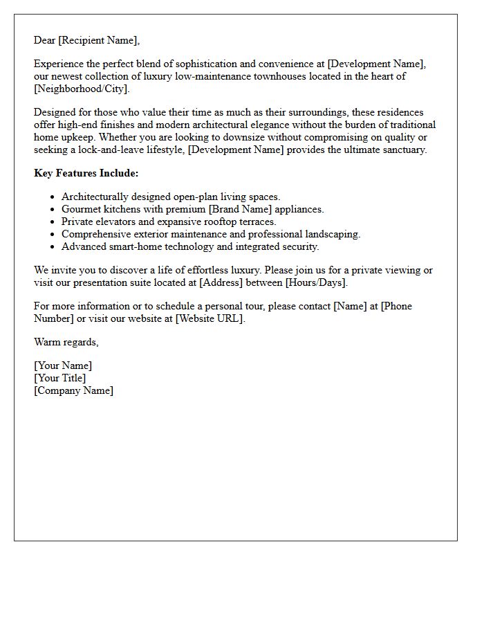 Luxury Low Maintenance Townhouse Introduction Letter
