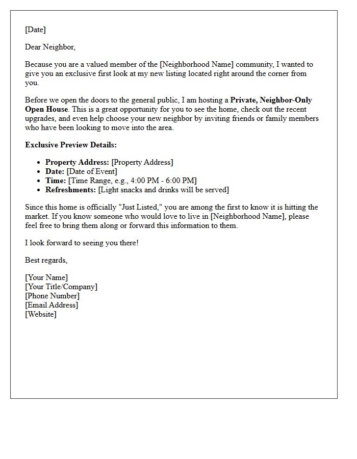 Exclusive Neighbor-Only Private Open House Just Listed Letter
