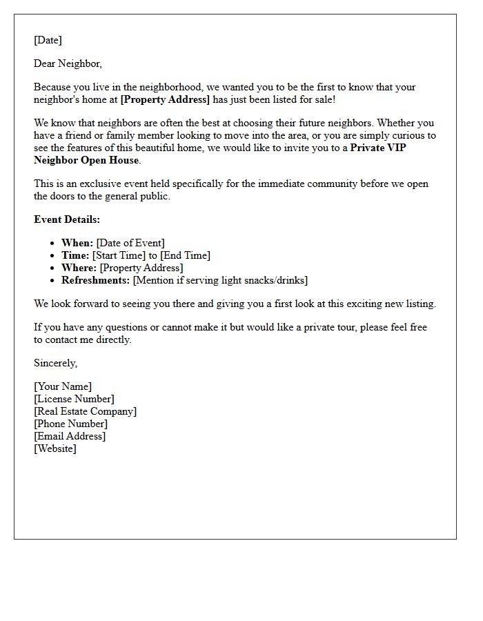 Just Listed VIP Neighbor Private Open House Invitation Letter