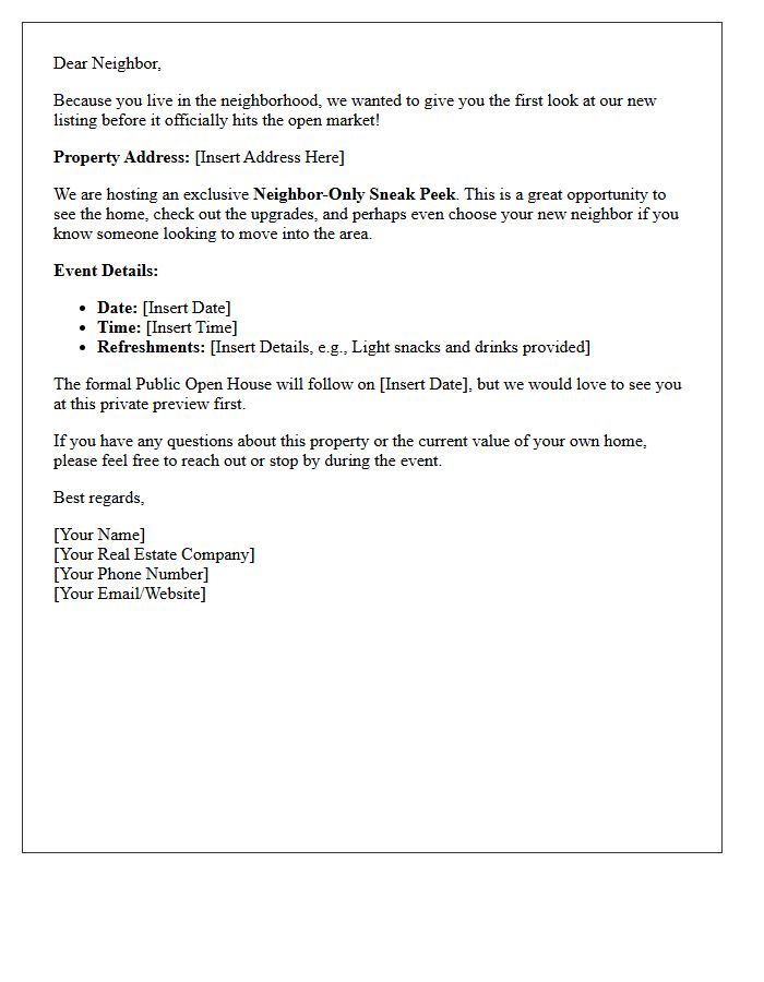 Private Neighbor Sneak Peek Just Listed Open House Letter