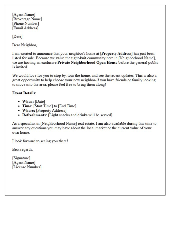 Just Listed Exclusive Neighborhood Private Open House Letter