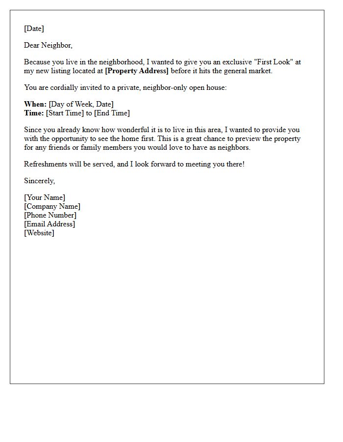 First Look Neighbor-Only Private Open House Just Listed Letter