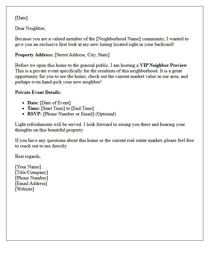 VIP Neighbor Preview Private Open House Just Listed Letter