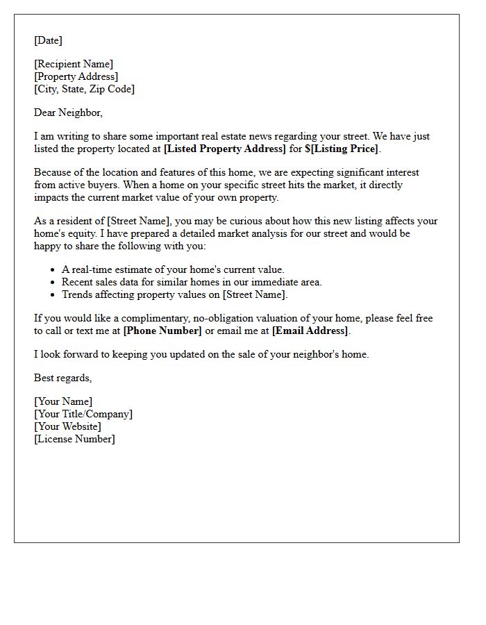 Just Listed Street-Specific Property Value Update Letter