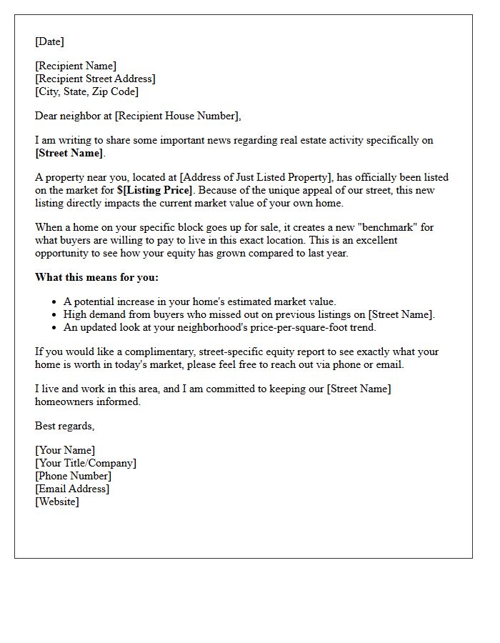 Exclusive Street-Specific Just Listed Property Value Update Letter
