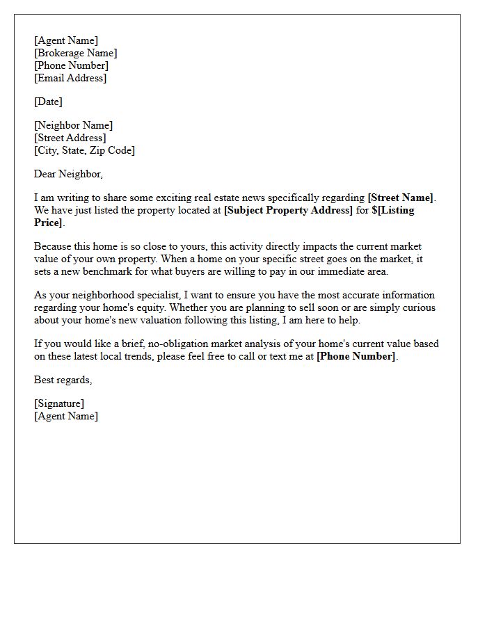 Neighborhood Street-Specific Just Listed Market Value Update Letter